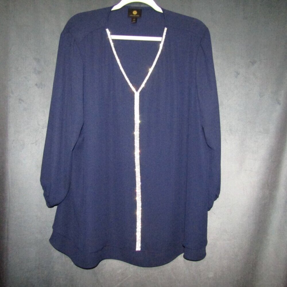 JM Collection Blue Rhinestone Top Size XXL 3/4 Elastic Sleeves Semi Sheer Bling - Picture 9 of 9
